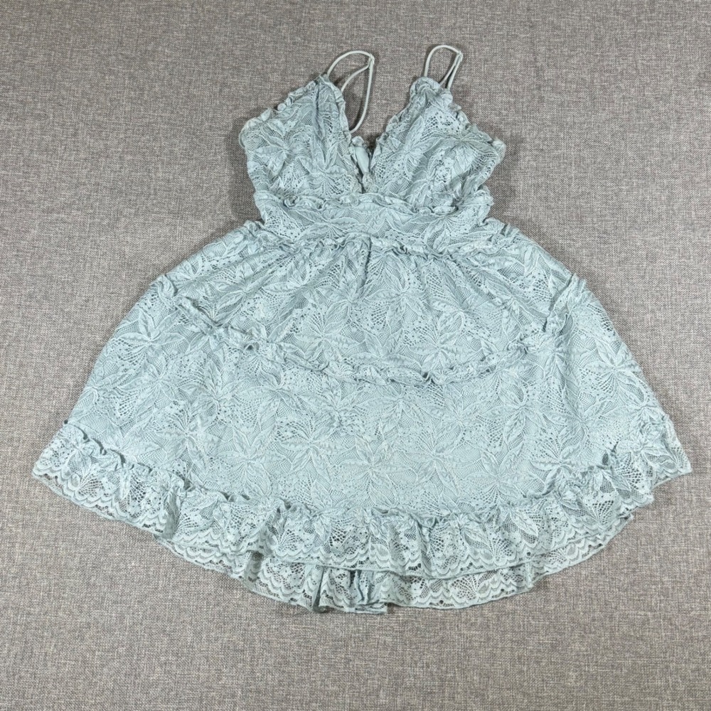 Lace Mini Dress Womens M Blue Ruffle Floral Coquette Fairycore Romantic Goddess